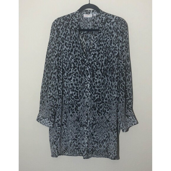 Belle Kim Gravel Plus 2X gray leopard print button Up Chiffon Long Sleeves Cuffs - Picture 1 of 8